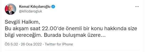 Kılıçdaroğlu'ndan dikkat çeken paylaşım: 'Bu akşam saat 22.00'de önemli bir konu hakkında bilgi vereceğim' - Resim : 1
