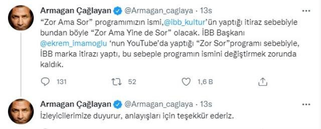 İBB itiraz etti, Armağan Çağlayan'ın programının adı değişti - Resim : 1