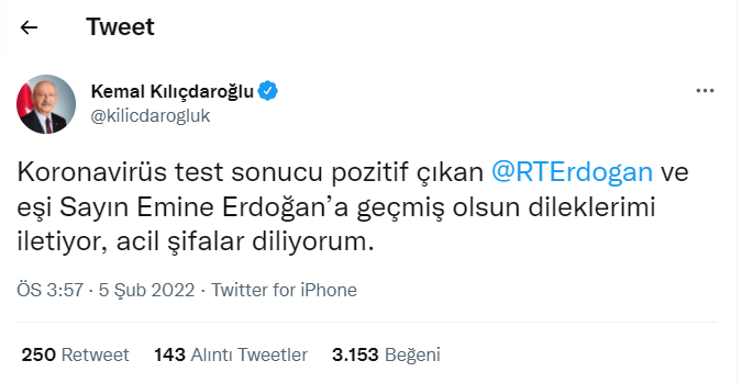 Kılıçdaroğlu'ndan koronavirüse yakalanan Erdoğan için geçmiş olsun mesajı - Resim : 1