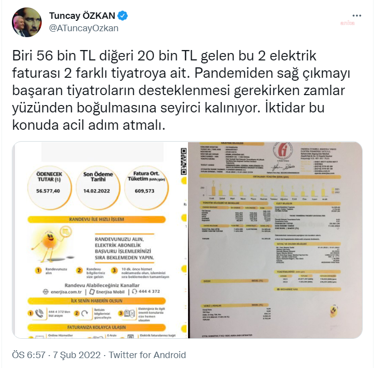 CHP'li Özkan iki tiyatroya gelen 76 bin liralık elektrik faturasını paylaştı - Resim : 1