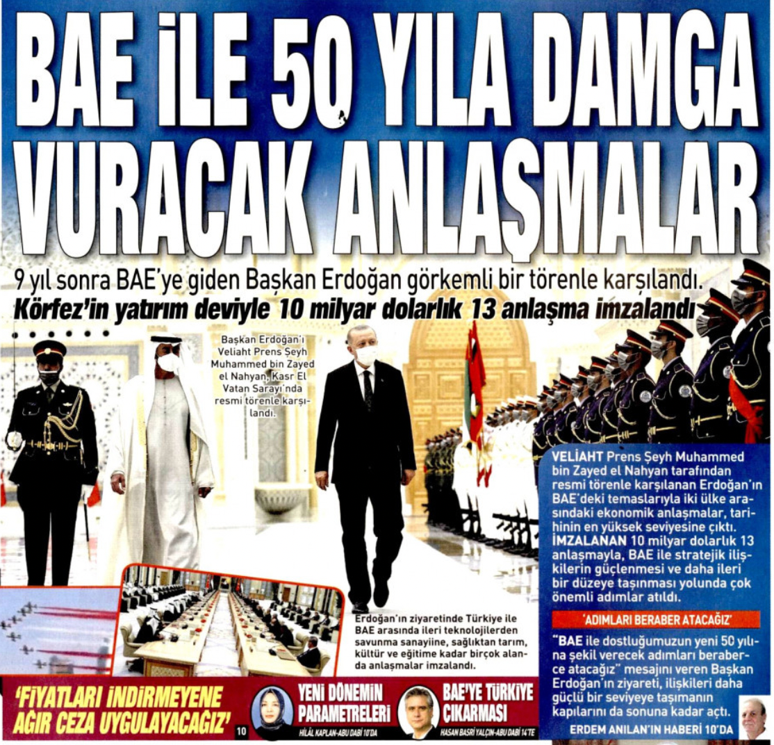 Yayınladığı haberleri unutan Sabah, Erdoğan'ın BAE ziyaretini coşkuyla karşıladı - Resim : 1