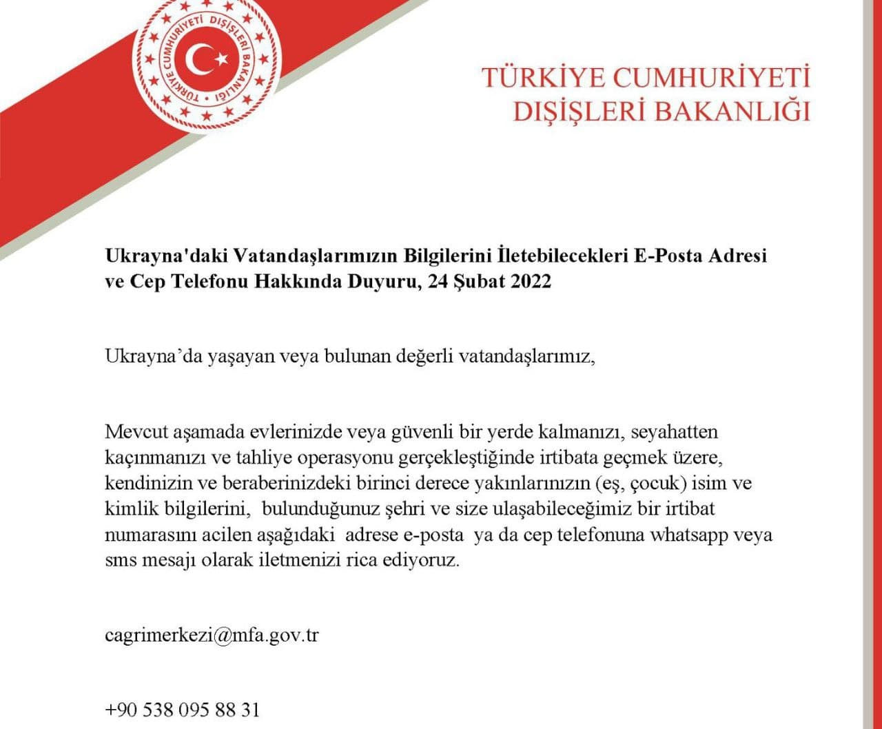 Dışişleri Bakanlığı'ndan Ukrayna'daki Türkiye vatandaşlarına yeni çağrı - Resim : 1