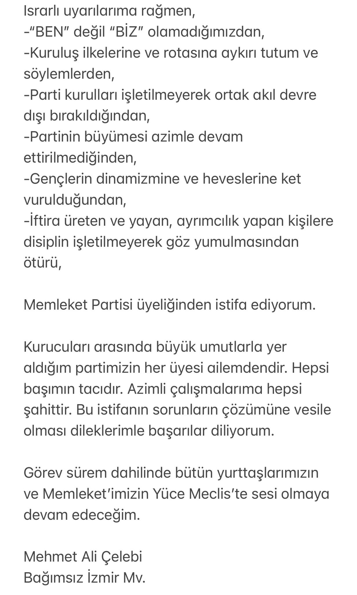 Mehmet Ali Çelebi, Memleket Partisi'nden istifa etti - Resim : 1