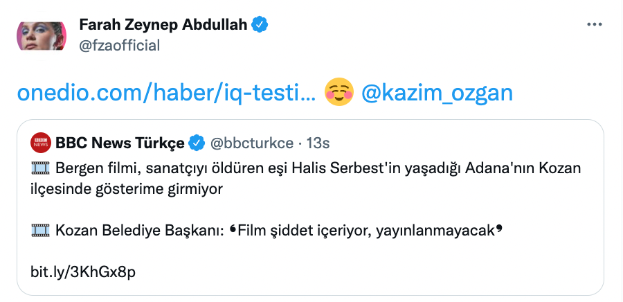 Farah Zeynep Abdullah, Bergen filmini yayınlatmayan Kozan Belediye Başkanı'na 'IQ testi' gönderdi - Resim : 1
