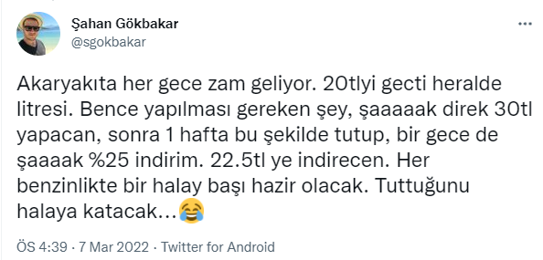 Akaryakıta gelen zamlar sonrası Şahan Gökbakar'dan esprili paylaşım: 'Şaaaaak direk 30tl yapacan' - Resim : 1