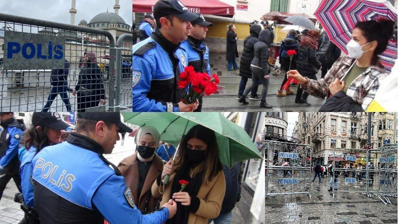 'Karanfil ile yetin, haklarını isteme..' Taksim'de polis ablukanın arkasında çiçek dağıttı