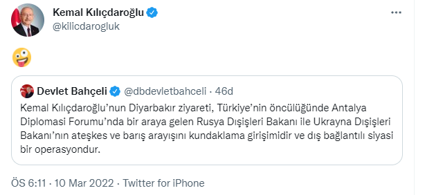 Kılıçdaroğlu'ndan, kendisini 'ateşkesi kundaklamakla' suçlayan Devlet Bahçeli'ye jet yanıt: Emoji ile cevap verdi - Resim : 1