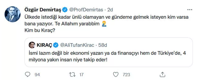 Kıraç ve Özgür Demirtaş, Twitter'da atıştı: 'Gündeme gelmek isteyen bana yazıyor' - Resim : 1
