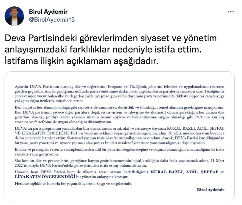 DEVA Partisi Genel Başkan Yardımcısı Birol Aydemir istifa etti - Resim : 1