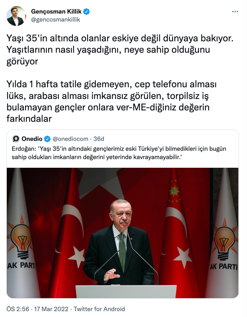 CHP Gençlik Kolları Başkanı Killik'ten Erdoğan'a yanıt: Yaşı 35'in altında olanlar eskiye değil dünyaya bakıyor! - Resim : 1