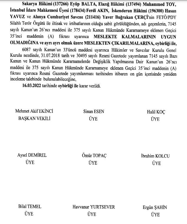 Resmi Gazete'de yayımlandı: Beş yargı mensubu görevden ihraç edildi - Resim : 1