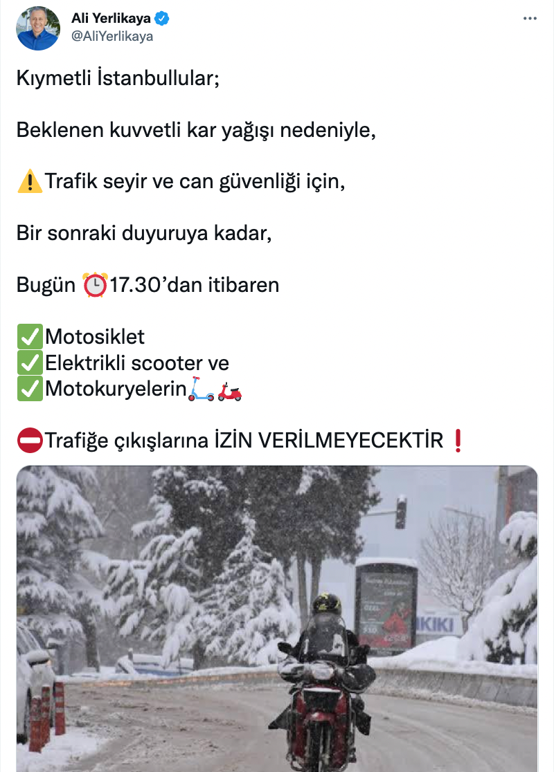 İstanbul Valisi saat verdi: Kar sağanakları geliyor, motosiklet, elektrikli scooter ve motokuryelerin trafiğe çıkışı yasaklanıyor - Resim : 1