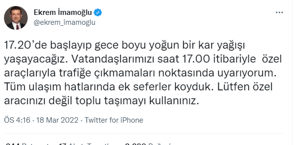 İmamoğlu, kar yağışı için saat verdi ve uyardı! - Resim : 1