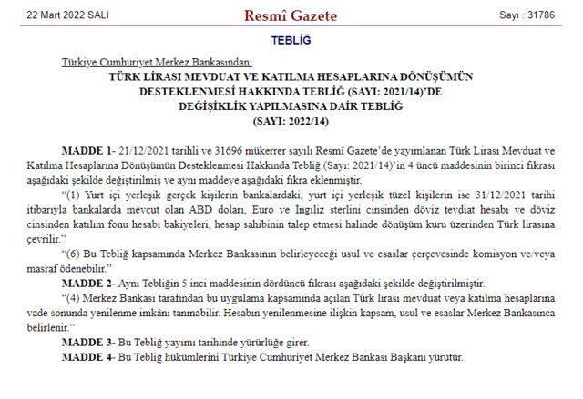 Resmi Gazete'de yayımlandı: Kur korumalı mevduat sisteminde değişiklik! - Resim : 1