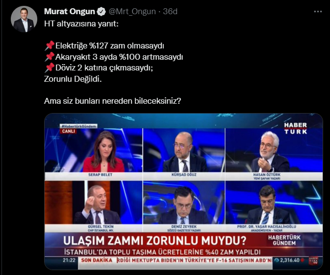 İBB Sözcüsü Murat Ongun'dan, Habertürk'ün 'Ulaşım zammı zorunlu muydu?' altyazısına yanıt: 'Siz bunları nereden bileceksiniz' - Resim : 1