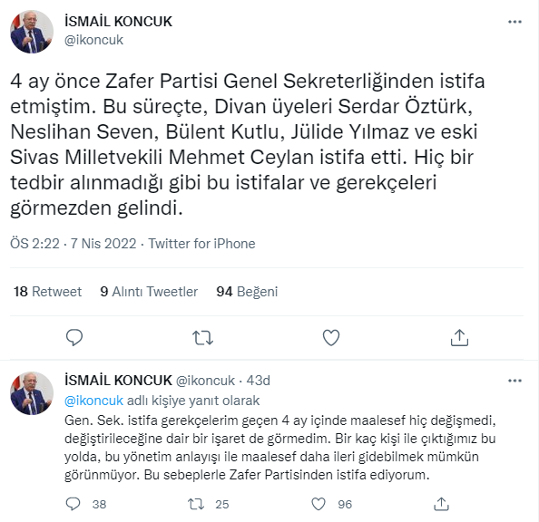 İsmail Koncuk, Zafer Partisi’nden istifa etti: 'Bu yönetim anlayışıyla daha ileri gidebilmek mümkün değil' - Resim : 1