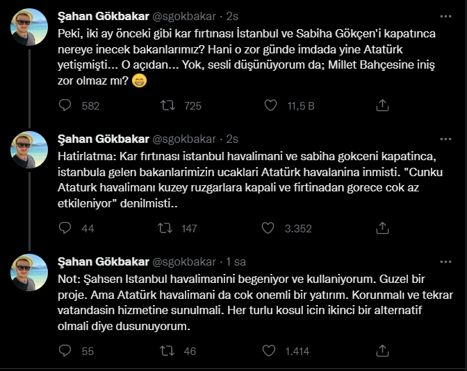 'Atatürk Havalimanı hikayesi kapandı gitti' diyen Bakan'a Şahan Gökbakar'dan yanıt: 'Millet Bahçesi’ne iniş zor olmaz mı?' - Resim : 1