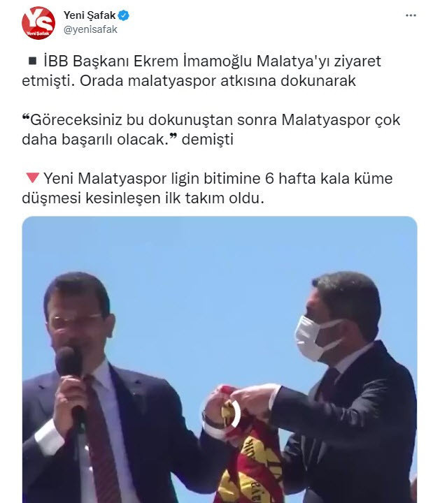 Yeni Şafak, Malatyaspor'un küme düşmesini İmamoğlu'nun ziyaretine bağladı - Resim : 1