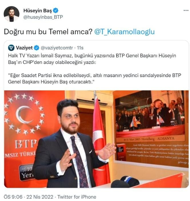 BTP lideri Baş'tan, Saadet Partisi lideri Karamollaoğlu'na: Doğru mu Temel amca? - Resim : 1