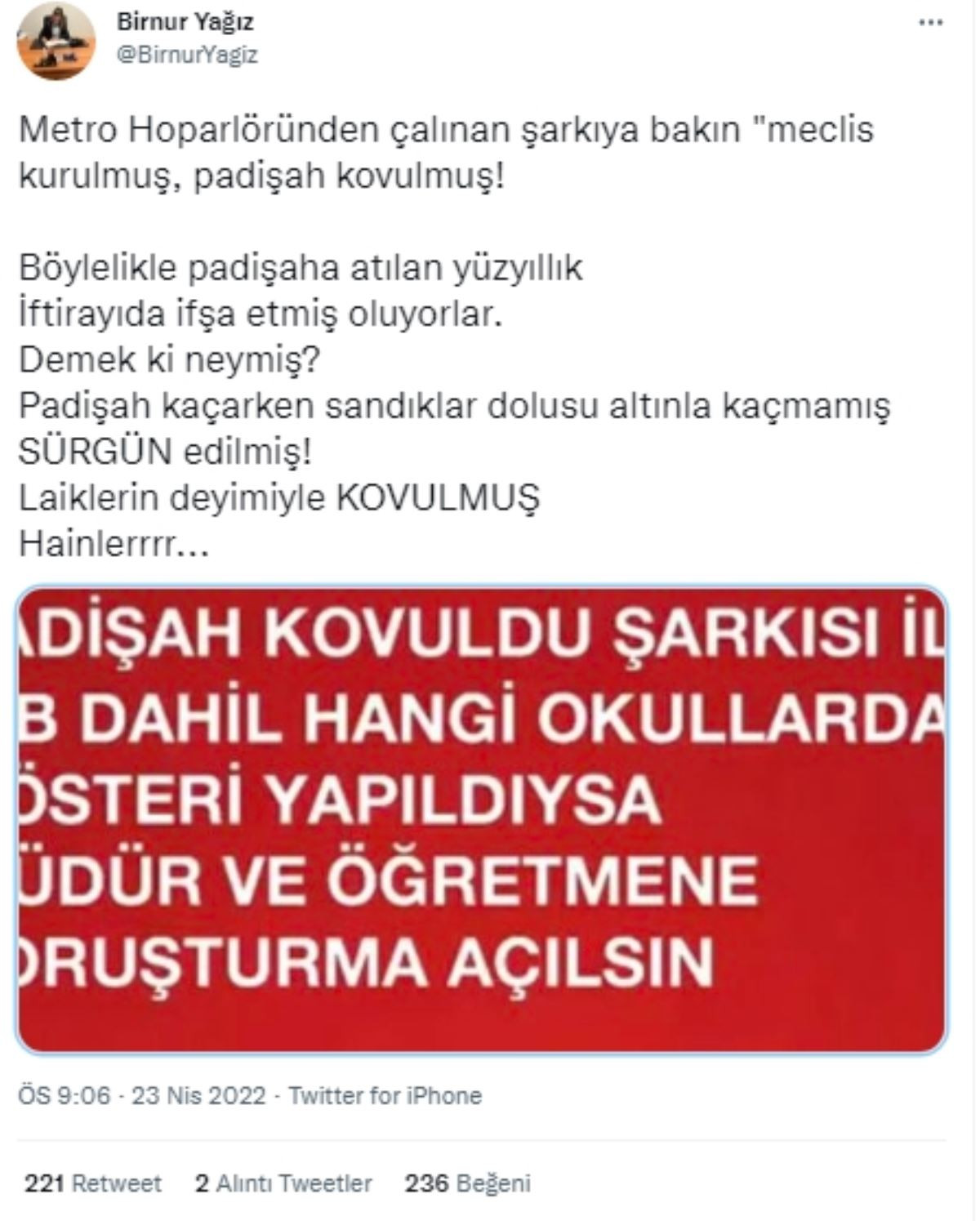 AKP'li yöneticiler 'Bugün 23 Nisan, hep neşeyle doluyor insan' şarkısından rahatsız oldu: Biri 'Hain' ilan edip İBB ve okullara soruşturma istedi - Resim : 1