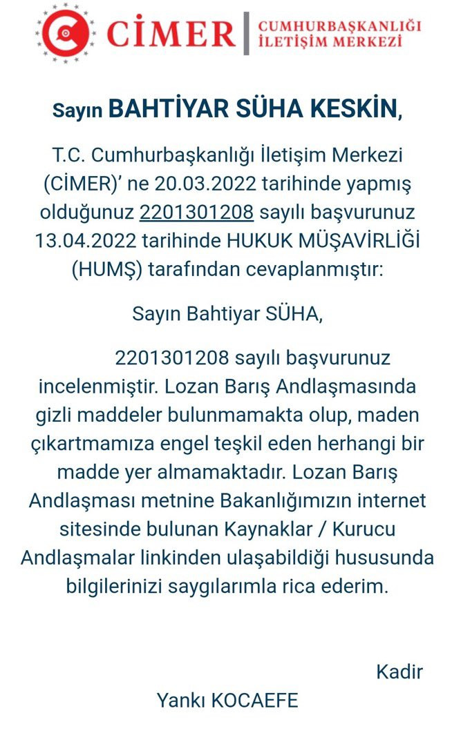 Lozan Barış Antlaşması’nda gizli madde olup olmadığı’ CİMER’e soruldu - Resim : 1