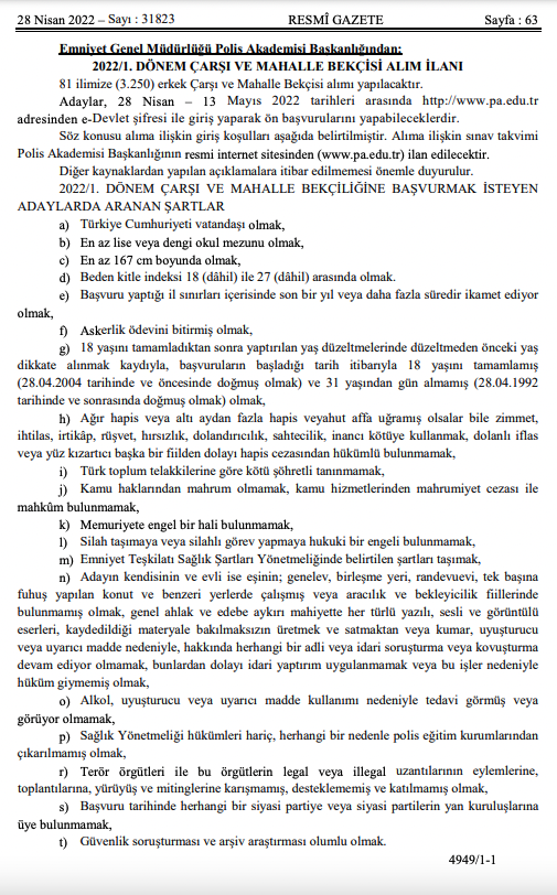 Resmi Gazete'de yayımlandı: Bekçi alımının ayrıntıları ve şartları belli oldu! - Resim : 1