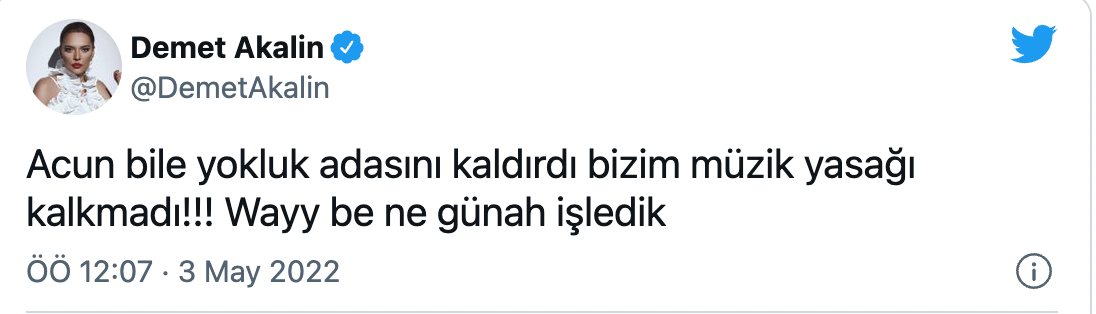 Demet Akalın, Erdoğan'dan 'bayram müjdesi' istedi: Acun bile yokluk adasını kaldırdı, bizim müzik yasağı kalkmadı - Resim : 2