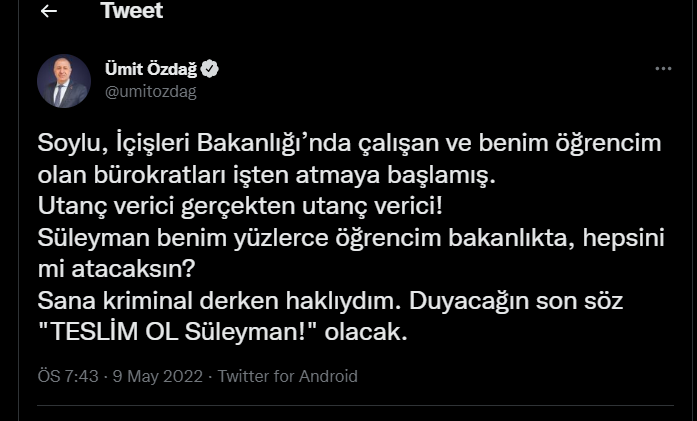 Ümit Özdağ'dan Süleyman Soylu iddiası: 'Benim öğrencim olan bürokratları bakanlıktan atmaya başlamış' - Resim : 1