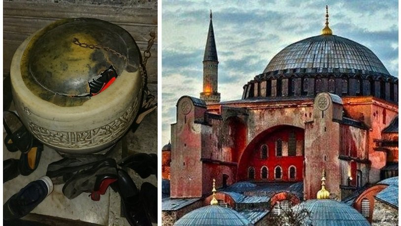 Ayasofya'da yine vukuat: Tarihi su haznesi kırıldı, ayakkabılık oldu