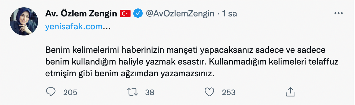 AKP Genel Başkan Yardımcısı Özlem Zengin’den Yeni Şafak’a tepki: Kullanmadığım kelimeleri benim ağzımdan yazamazsınız! - Resim : 1