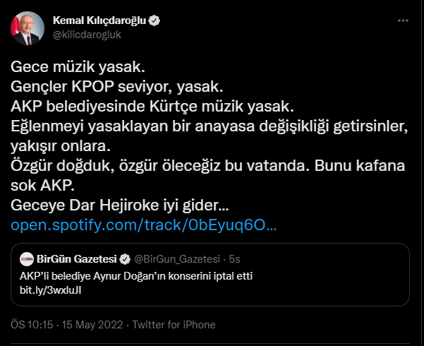 AKP'li belediyenin Aynur Doğan yasağına Kılıçdaroğlu'ndan tepki: 'Özgür doğduk, özgür öleceğiz bu vatanda' dedi, 'Dar hejiroke' şarkısını paylaştı - Resim : 2