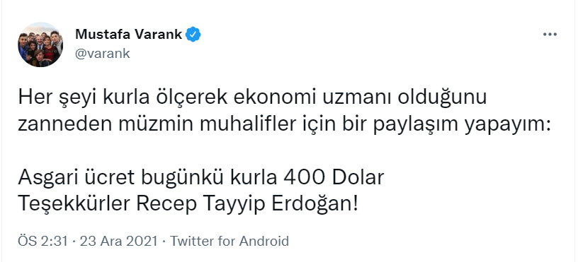 Bakan Varank'ın, Erdoğan'a teşekkür ettiği 'asgari ücret' paylaşımı son beş ayda eridi! - Resim : 1