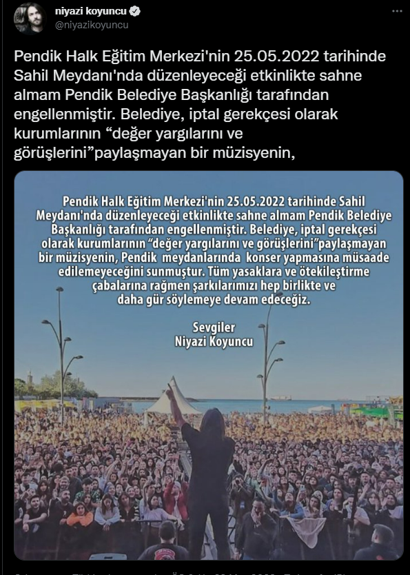 Konser yasakları tam gaz: AKP'li belediye Niyazi Koyuncu'nun konserini yasakladı, gerekçe olarak 'kurumun değerlerini paylaşmaması' gösterildi - Resim : 2