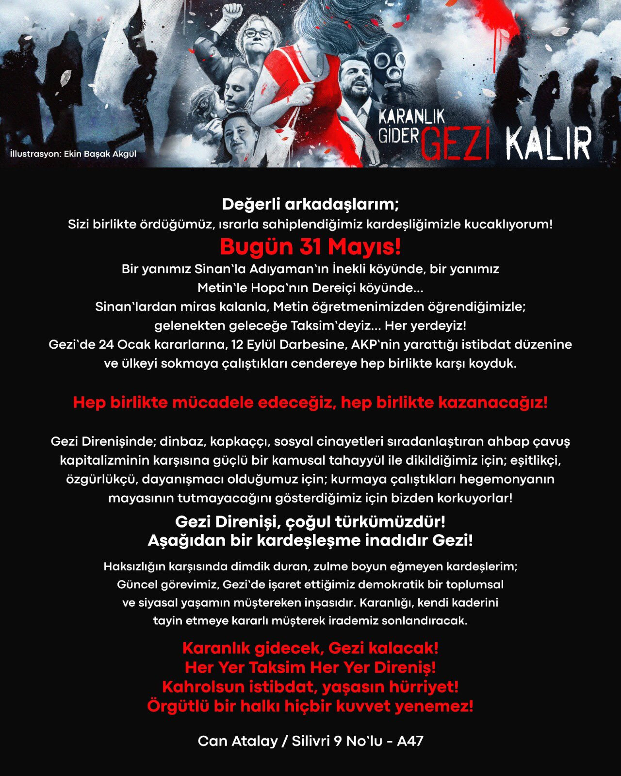 Gezi Direnişi'nin 9. yıldönümünde Can Atalay'dan mektup: 'Örgütlü bir halkı hiçbir kuvvet yenemez' - Resim : 1