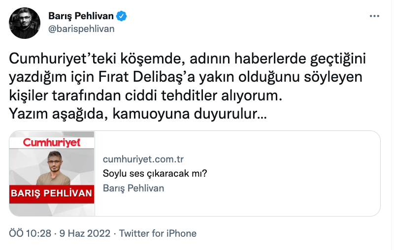 Gazeteci Barış Pehlivan: Suç örgütü lideri Fırat Delibaş'a yakın olduğunu söyleyen kişilerden ciddi tehditler alıyorum! - Resim : 1