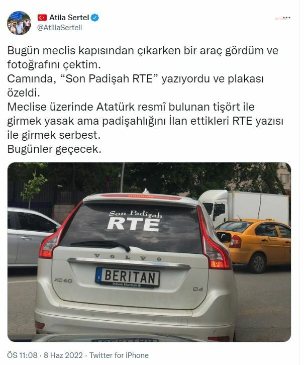 Meclis'te görüntülenen 'son padişah RTE' yazılı araç tepki çekti! - Resim : 1