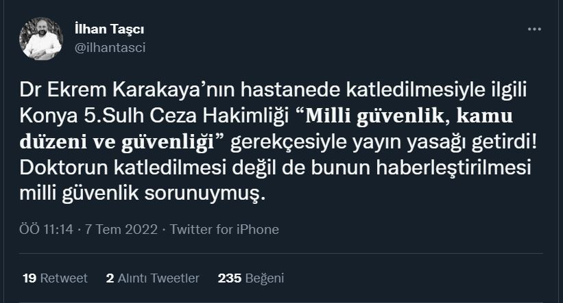 RTÜK Üyesi Taşcı yayın yasağına tepki gösterdi: Doktorun öldürülmesi değil bunun haberleştirilmesi milli güvenlik sorunuymuş - Resim : 2