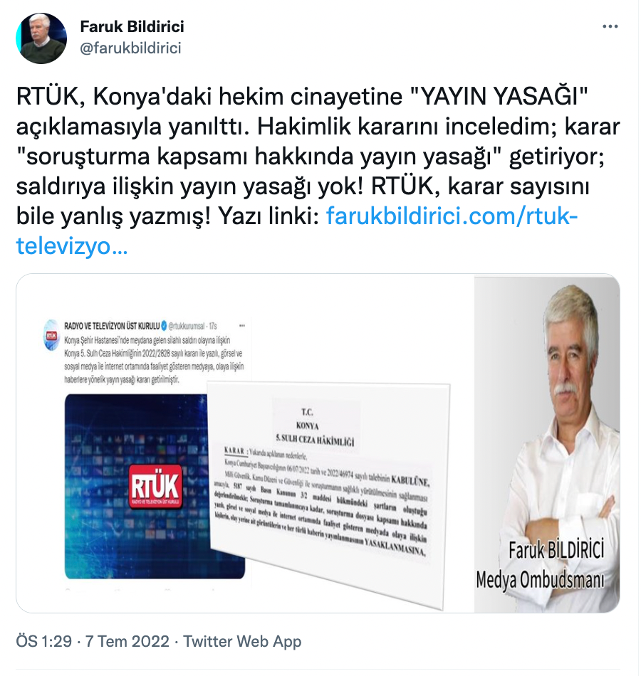 'Doktor cinayetine yayın yasağı' tartışma yaratmıştı | Faruk Bildirici: RTÜK televizyonları yanılttı, karar sayısı bile yanlış - Resim : 1