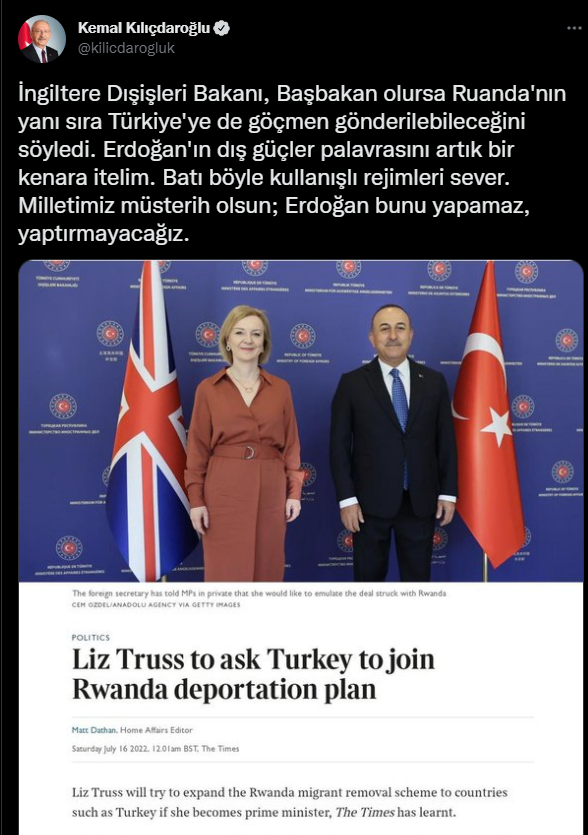 İngiltere başbakan adayının 'göçmen formülüne' Kılıçdaroğlu'ndan tepki: 'Erdoğan bunu yapamaz, yaptırmayacağız' - Resim : 1