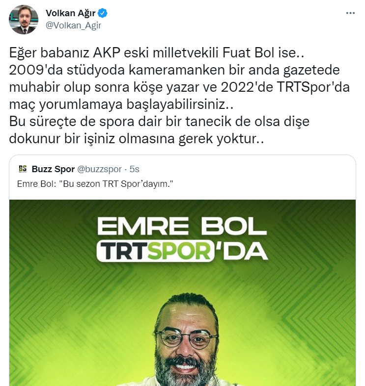 Emre Bol TRT Spor'a geçti, meslektaşından sert tepki: 'Eğer babanız eski AKP milletvekiliyse...' - Resim : 1