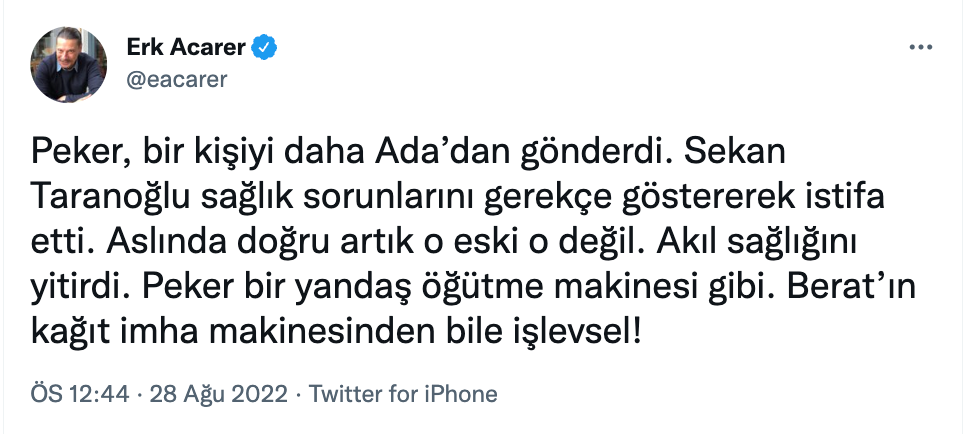 Erk Acarer'in iddiası: 'Sedat Peker'in gündeme getirdiği Cumhurbaşkanı danışmanı istifa etti' - Resim : 1