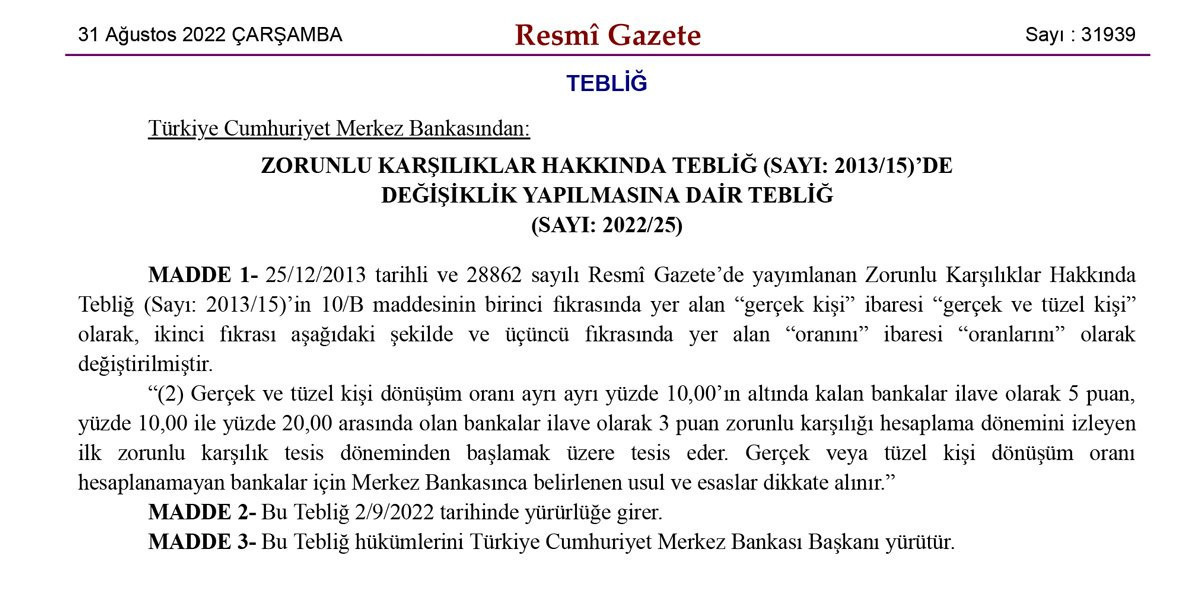 Resmi Gazete'de yayımlandı: Merkez Bankası’ndan ‘zorunlu karşılık’ kararı - Resim : 1