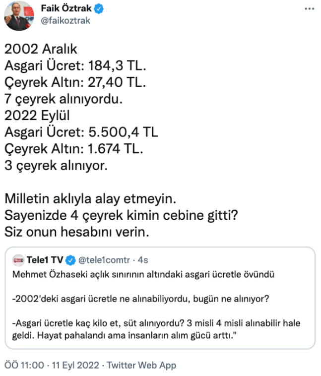 CHP'li Öztrak'tan 'Ekmek 1 lirayken alamıyorsunuz, 5 lira ile çok rahat alabiliyorsunuz' diyen AKP'li Özhaseki'ye yanıt - Resim : 1