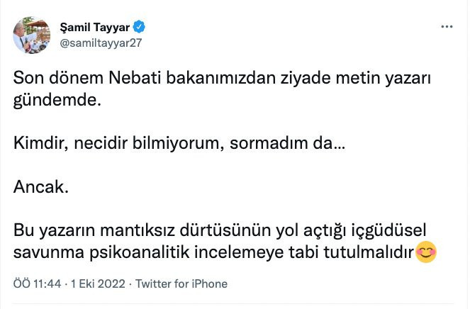 AKP yöneticisi Şamil Tayyar, Bakan Nebati'nin metin yazarıyla ilgili tweetini sildi - Resim : 1