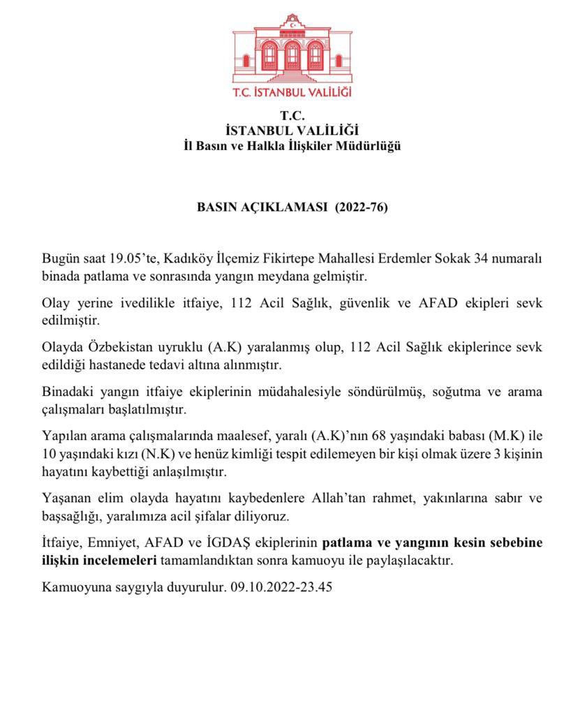 İstanbul Valiliğinden Kadıköy'deki patlamaya ilişkin yeni açıklama - Resim : 1