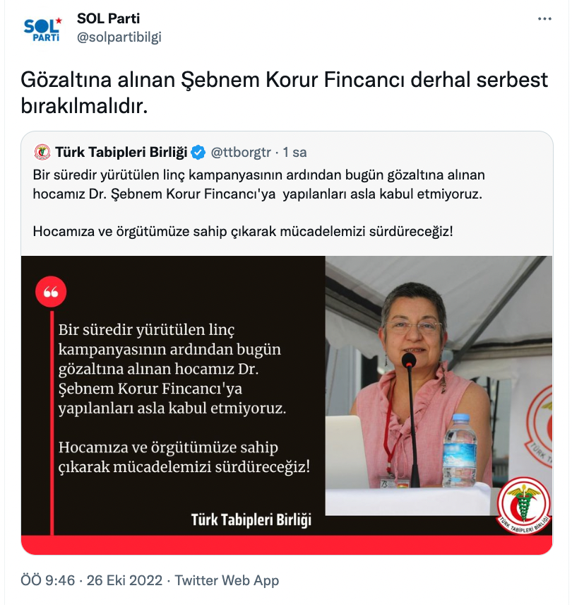 Siyasi partiler ve meslek örgütlerinden TTB Başkanı Şebnem Korur Fincancı'nın gözaltına alınmasına tepki - Resim : 2