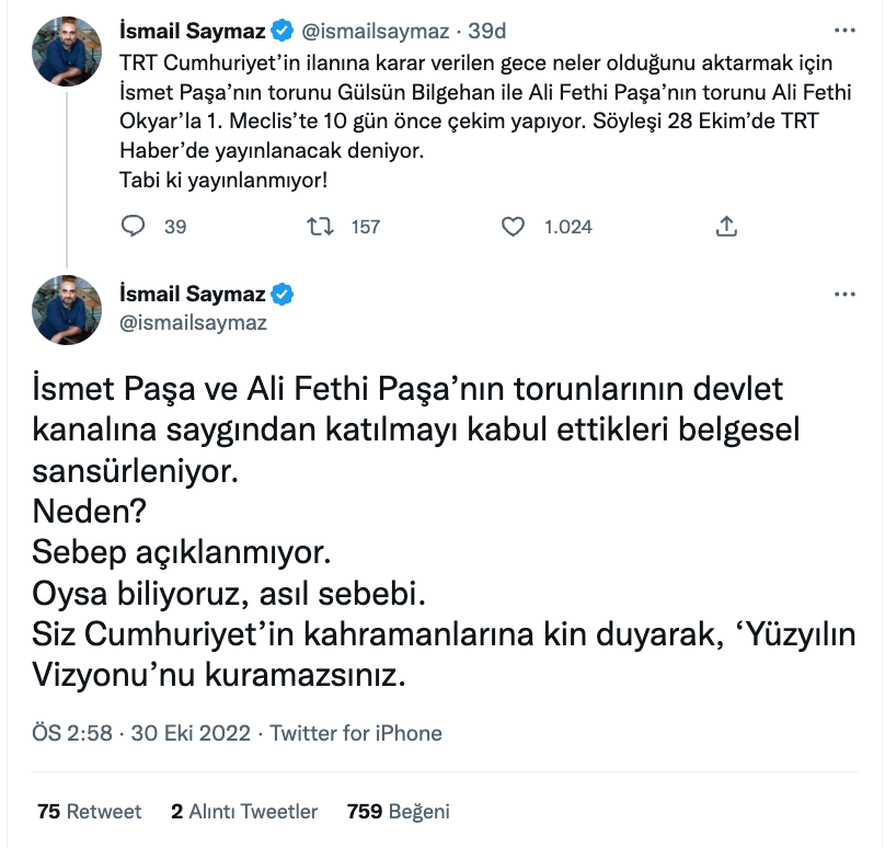 İsmail Saymaz'dan sert tepki: TRT, İsmet İnönü ve Fethi Okyar'ın torunlarıyla yaptığı söyleşiyi yayınlamadı - Resim : 1