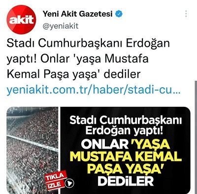 Beşiktaş taraftarı İzmir Marşı söyledi, Akit çıldırdı: 'Stadı Erdoğan yaptı, onlar 'Yaşa Mustafa Kemal Paşa' dedi' - Resim : 1